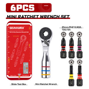 Geinxurn 6PCS Mini Ratchet Wrench Set ULTRA TORQUE Bits with 1 PH2 PZ2 T20 T25 SQ2 Portable Iron Box