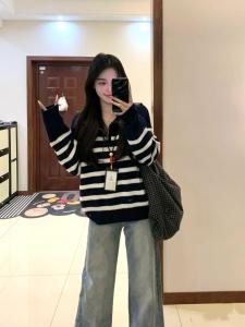 Womens Polo Neck Striped Sweater Casual Loose Fit Zipper Knitted Top Autumn 2024 Korean Style Comfortable Anti-aging