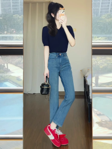 Quần Jeans Denim Ống Thẳng Cạp Cao Mỏng Mùa Hè Cho Nữ Màu Xanh Đậm Quần Dài Đến Mắt Cá Chân Phong Cách Pháp Quần Jeans Denim