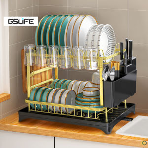 GSlife 2 Tiers Kitchen Dish Rack with Cup Rack Kitchen Shelf Dish Rack Corrosion Resistant Anti Rust Dish Rack Ventilation Mold Resistant