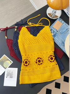 chaqi | Yellow Knitted Halter Neck Vest Womens Summer Thai Spicy Girl V-neck Tube Top Unique Beautiful Hollow Out Commute Style Casual Wear