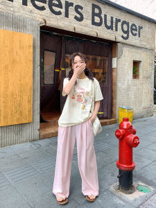 Lazy Dog Houndstooth Loose Wide Leg Casual Pants Women Summer Small Straight Tube Trousers Cotton 100% Straight Cut Pants