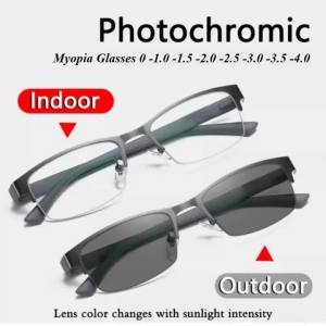 Half-frame Myopia Glasses Photochromic Turn Gray Men Business Glasses 0 ~ -4.0 Lightweight  Blue Light Blocking Glasses