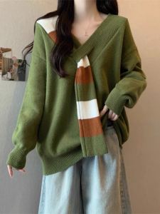 Korean Striped Fake Scarf V-neck Sweater Women Autumn Winter New Lazy Style Loose Top Knitted Thickened Female Fashion