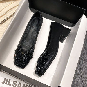 Elegant French Crystal Chunky mid Heel Womens Shoes Spring 2024 Fashion Pearl Buckle Bead Embellished Flat Mouth Shoes