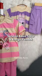 Set Kaos Salur Dan Celana Pendek Kargo Anak Perempuan Motif Terbaru Usia 1-6 tahun Karakter Labubu