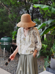 Loose Fit Cotton Linen Shirt with Heavy Embroidery Floral Print Casual Style Womens Top Breathable Seven Sleeve Length