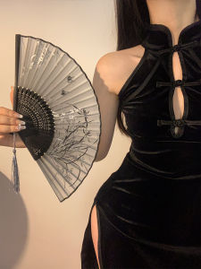 Chinese Style Black Ink Painting Cheongsam Fan Portable Summer Chinese Ancient Style Chinese Tassel Folding Fan Portable Han Dynasty Bamboo Fan