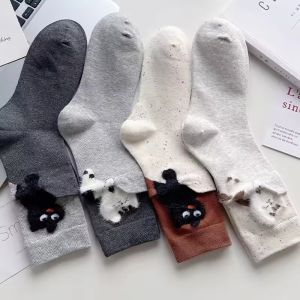 4Pairs Cat-Print Flocking Mid-tube Socks Cartoon Velvet-flocked Animal Stocking for Women Autumn Winter Warm Flocking Cat Sock