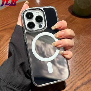 [JLK] MagSafe Case For iPhone 15 Pro Max Luxury Silver Mirror Magnetic Silicone Frame Phone Case for iPhone 12 13 14 Plus Protective Hard Cover