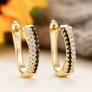 Huitan Elegant Women Hoop Earrings Gold Color Engagement Luxury Female Accessories Inlaid Black/White CZ Elegant Party Jewelry