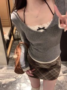 Áo Thun Dài Tay Ren Nữ Mùa Xuân 2024 Dáng Ôm Vừa Vặn Thiết Kế Mới Áo Thun Lót Bên Trong Thời Trang Nữ