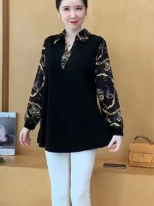 plus Size Womens Long Sleeve Shirt Fashionable Slimming Tummy Cover up Top Autumn Polo Neck Pullover Color Block Commute Wear