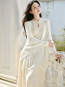 Váy Dệt Kim Hai Mảnh Phong Cách Trung Hoa Mới Áo Choàng Dệt Kim Áo Sơ Mi Cơ Bản Mùa Thu Đông Váy Dài Tay Dài Cổ Cao