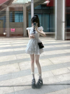 French White Short-Sleeve A-Line Mini Dress For Women Summer 2024 New Style Lace Collar Pure Color Cute Cake Scurt Skirt