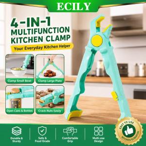 ECILY 4-in-1 Multi-functional Kitchen Tongs Heat Resistant Bowl Plate Gripper Silicone Anti-Scald Clip Bottle Opener Nut Cracker Safe Lifter Tool for Microwave Steamer Cooking