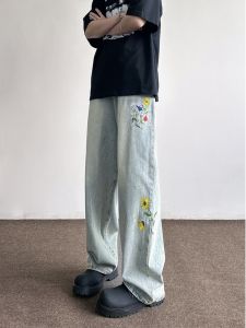 ZHUOCAN | Light Blue Embroidery Straight Leg Men Summer Vibe Jeans Water Washed