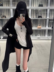 Black Knitted Open Cardigan Womens Loose Mid-Length Thin Summer Sunshade Cover up Top Asymmetrical Hem Korean Style