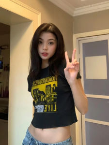 BrandyMelody Retro BM Print Music Yellow Short Sleeve T-Shirt Womens Commute Style round Neck Cotton 100% Creative Pattern