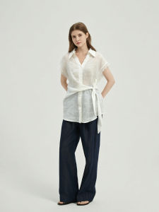Petit Bari | Asymmetric Lace Spliced Ramie Flutter Sleeve Shirt For Women