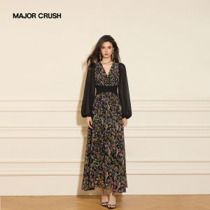 Vintage French Style Floral Design Elegant Black Long Dress