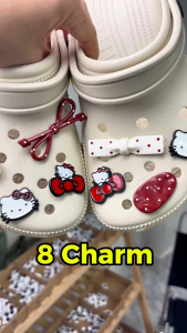 Bộ 8 CHARM Mèo Nơ Đỏ - Phụ kiện gắn dép cute dễ thương nhựa cứng - Có nút gắn dễ dàng