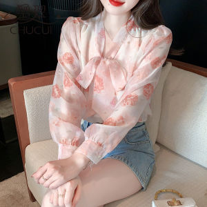 Elegant Long Sleeve Floral Print Chiffon Shirt for Women Butterfly Knot Design Korean Style Loose Fit V Neck Fashionable Top