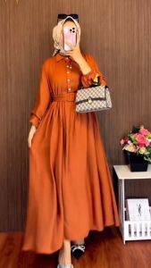 K-FASHION Dress Zoya Pollo Linen Gratis Belt Gamis Cantik Lengan Balon Resleting Depan Kekinian