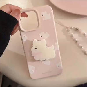 Full screen cartoon dog pink phone case for iPhone 12 13 14 15 16 Pro Max Cartoon dog stand anti fall soft cover for iPhone16 case