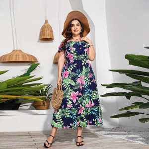 ชุดเดรสฤดูร้อนปิดไหล่หรูหราสําหรับผู้หญิงที่มีแขนใบบัวเอวสูงกระโปรงชิ้นเดียวยาว