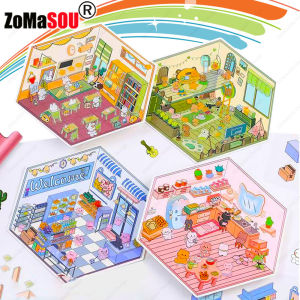 Cute Cartoon Bear Life 3D Landscape Stickers DIY Miniature Cabin Scene Stacking Sticker Birthday Festival Gift for Kid Children