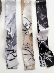 Cool Ancient Style Silk Scarf Dark Bamboo Wood Ink Diffusion Design Hairband Bag Wrap Fashionable Accessory Dark Color Trend