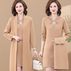 Autumn Winter Two-Piece Set Cheongsam Large Size Sweater Mid-Length Open Cardigan Coat Middle-Aged And Elderly Womens Dress