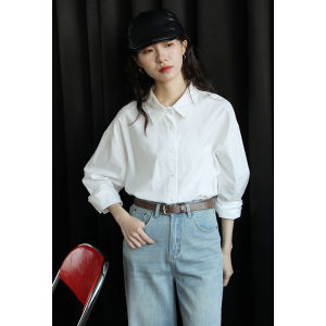 Spring 2024 Loose Casual Womens Long Sleeve Shirt Vintage Hong Kong Style Light Blue Minimalist Pure Color Commute Button up