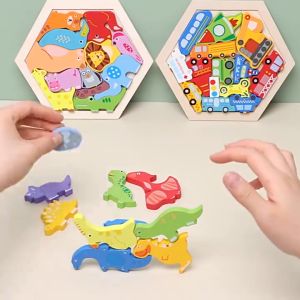 FG Puzzle 3D Hexagon hewan Wooden Montessori Wooden Chunky Hexagon Puzzle Mencocokan Bentuk Karakter