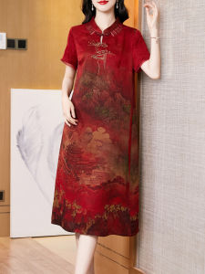 New 2025 Silk Cheongsam Dress Chinese Style Wedding Dinner High End Mommy Clothes A-Line Skirt Short Sleeve Printed Summer Dress
