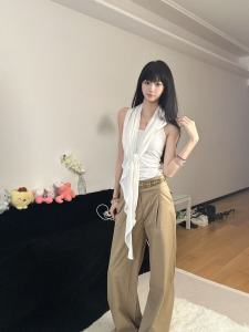 Khaki Wide Leg Pants Womens Extra Long Loose Slimming Drapey Casual Trousers High Waist Straight Cut Summer Thin Fabric