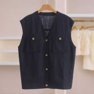Single Button Breathable V-neck Linen 25% Vest Women Summer