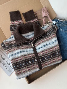 QINGNAER | Vintage Floral Design Double Zipper High Collar Knit Cardigan