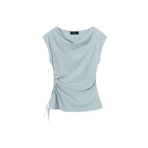 YUEZHONGWEI | เสื้อยืดคอวีแขนสั้นผ้าไหมน้ำแข็งถักสีฟ้า ทรงสลิมฟิต สำหรับผู้หญิงในฤดูร้อน เสื้อตัวบนทรงเข้ารูป ความยาวปกติ