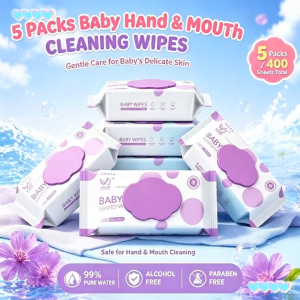 5 Packs Baby Hand & Mouth Cleaning Wipes 80 Sheets Per Pack Total 400 Sheets 99% Pure Water Alcohol‑Free Paraben‑Free Gentle Wipes For Newborn Baby