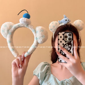 Cute Bear Ear Plush Shark Hairband Blue Polka Dot Face Wash Mask Headband Hair Accessory Trendy Sweet Style for Adults