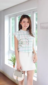 Narinari : MT2711 Ruff Collar Frill Sleeve Blouse เสื้อแขนกุด ผ้าชีฟอง (ลายใหม่)