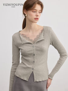 Oatmeal Color Semi Open Collar Lace Splicing Long Sleeve Knit Top