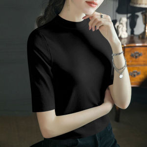 เสื้อยืดคอตตอนแท้แขนสั้นทรงเข้ารูปสำหรับผู้หญิง สีดำ ฤดูใบไม้ผลิ ฤดูร้อน ฤดูใบไม้ร่วง ฤดูหนาว เสื้อยืดคอกลมแขนยาวปานกลางสำหรับผู้หญิง