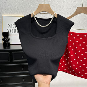 Unique Ice Silk Short Sleeve Knitted Top Womens Summer Fashion Square Neck Versatile T-shirt Special Beautiful Upper Body