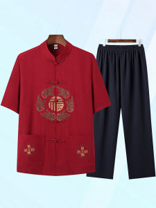 Summer Thin Cotton Linen Short Sleeve Suit for Middle Aged And Elderly Men Red Birthday Celebration Grandpa Clothes Set
