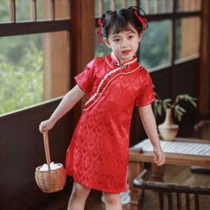 Rolanko 2025 Chinese Girls Dress Plum Blossom Qipao Short Sleeve Traditional Cheongsam Chinese New Year Costume Floral Princess Dresses 6-12 Years