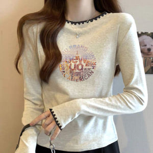 Spring Autumn 2025 Womens Casual Long Sleeve Print T-Shirt Base Layer Color Block Design Cotton Blend Comfortable Top