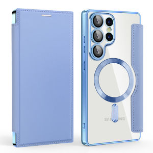 For Magsafe Magnetic Luxury Solid Color Leather Flip Wallet Card Slot Phone Case For Samsung S25 Ultra S23 S22 S24 Ultra Plus